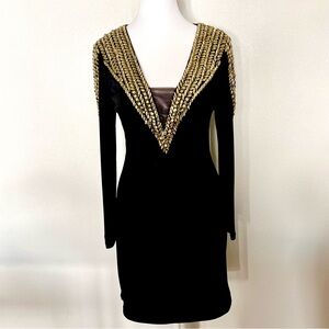 Kimikal Black Bodycon Rhinestone Cocktail Dress Deep V Long Sleeve M Eve Glam
